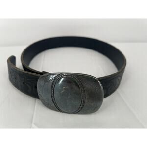Vintage Brave Belt Womens Size 34 Black Italian Leather Silver Buckle Tooled